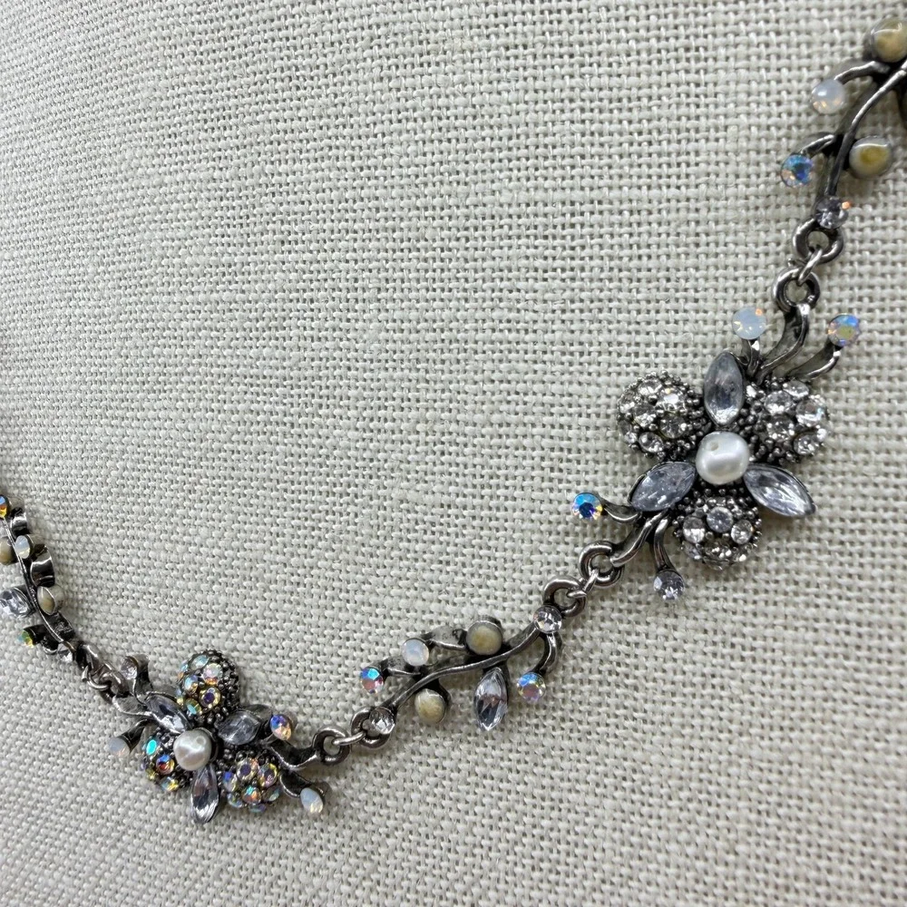 Gunmetal Floral Rhinestone Faux Pearl Necklace Cottagecore Statement Jewelry